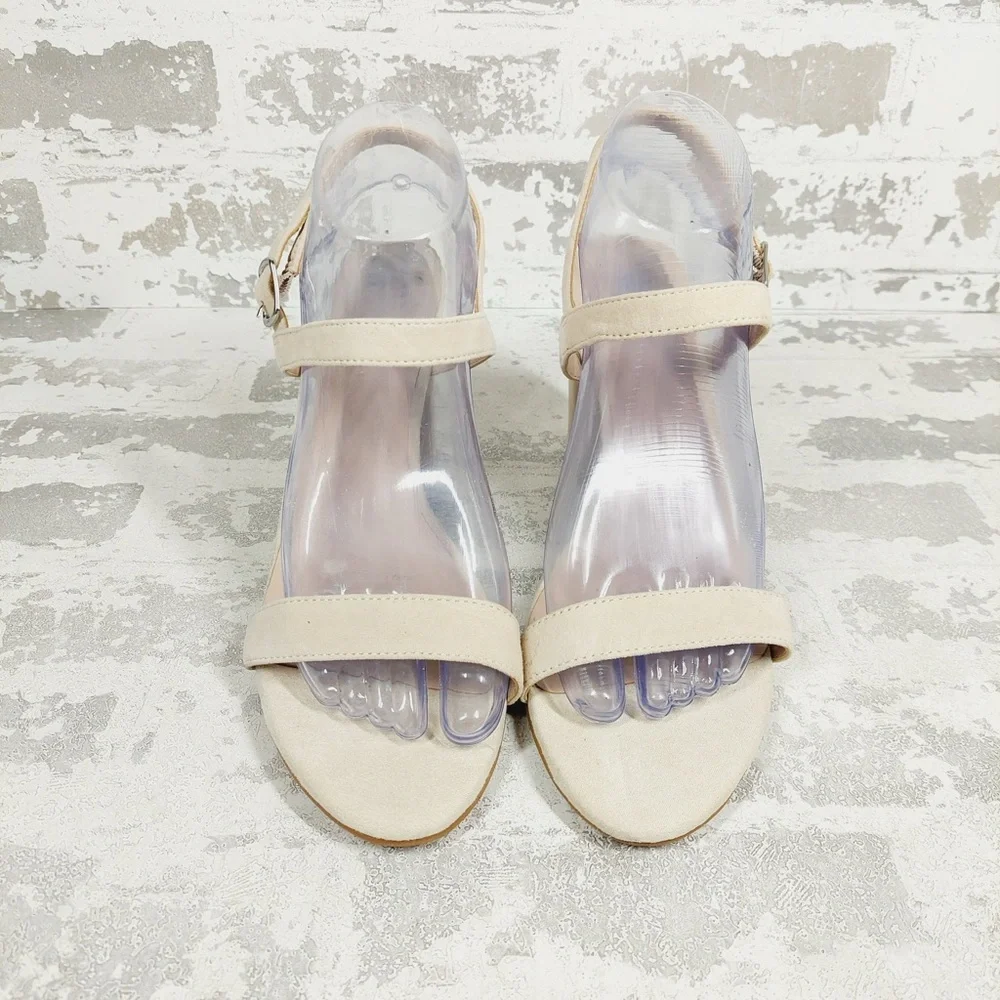 NEW BP. Lula Block Heel Slingback Suede Leather Beige Sandals i591